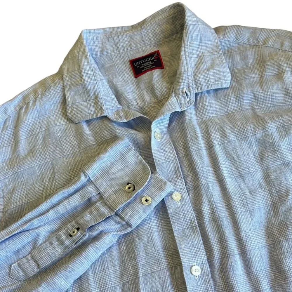 UNTUCKit 100% Linen Light Blue Check Long Sleeve Button Shirt‎ Mens XL